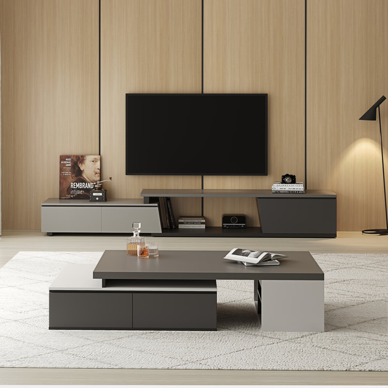 Modern Extendable Coffee Table With Hidden Drawers & Open Shelves, Contemporary Two-Tone Design