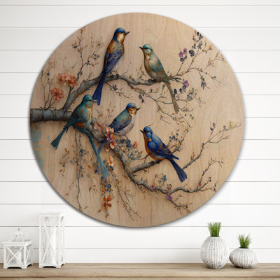 Multicolore oiseaux sur prunier en fleurs, arbre X - animaux, art mural en bois - bois de pin naturel