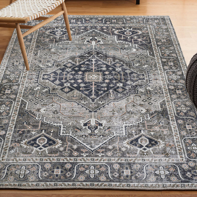 Tapis gris foncé / gris clair Alacati Ogee Medallion, Rectangle 3 pi 11 po x 6 pi