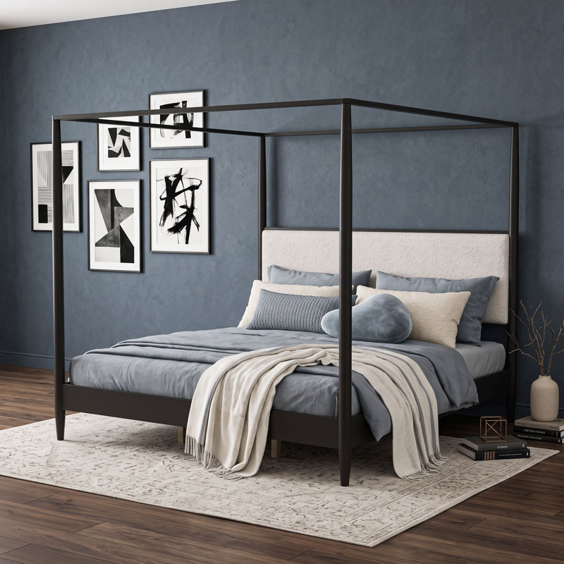 Lit plateforme à baldaquin avec tête de lit tapissier, Très grand lit, Noir
