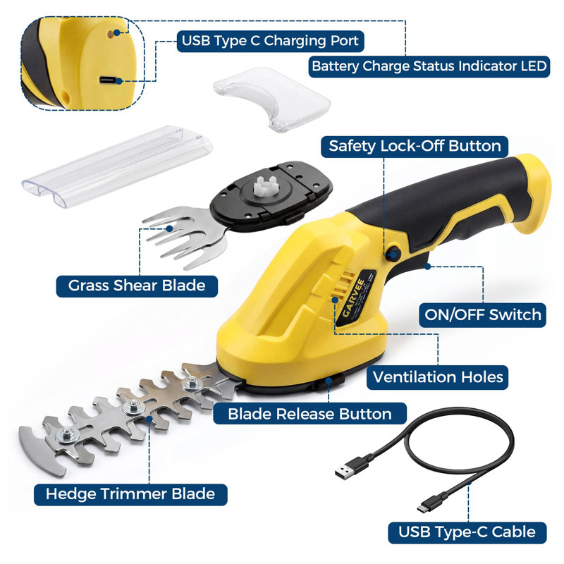 Taille-haie sans fil 2 en 1 et tondeuse à gazon - rechargeable 7,2 V, moteur sans balai - double interrupteur de sécurité, charge de type C - noir + jaune 108u