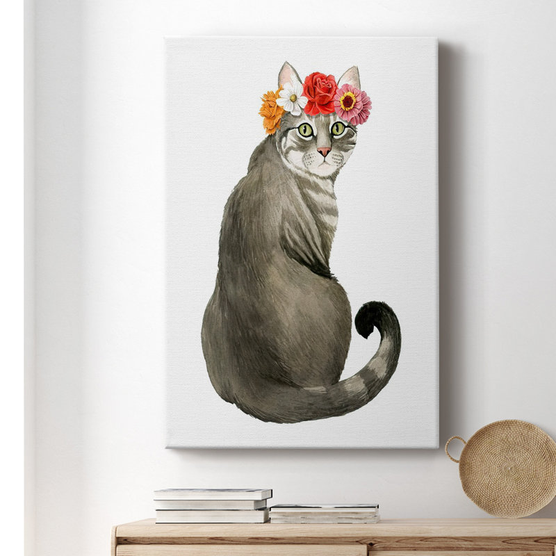 Flower Crown Cats I - Toile tendue avec châssis de qualité supérieure - prête à être accrochée, H 18 po x l 12 po x P 1,5 po