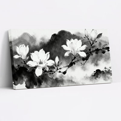 «Black and White Magnolia Blossom Ink Wash», reproduction d'art sur toile tendue sur toile, ensemble de 1