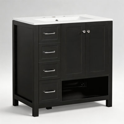 Meuble-lavabo noir de 30 po avec comptoir d'évier; Armoire avec deux portes et deux tiroirs; Bois massif Tablette ouverte Panneaux de fibres à densité moyenne; Expédié dans un seul paquet