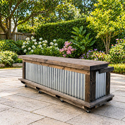 8ft Straight Outdoor Bar With 2 Shelves, Full Footrest, Stained Wood And Metal Panel Design