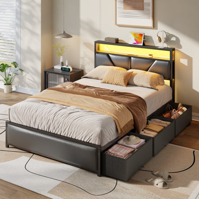 Full Bed Frame With 6 Underbed Drawers And Open Storage Headboard, Upholstered Platform Bed With Adjustable Led Light And Charging Station, No Box Spring Needed