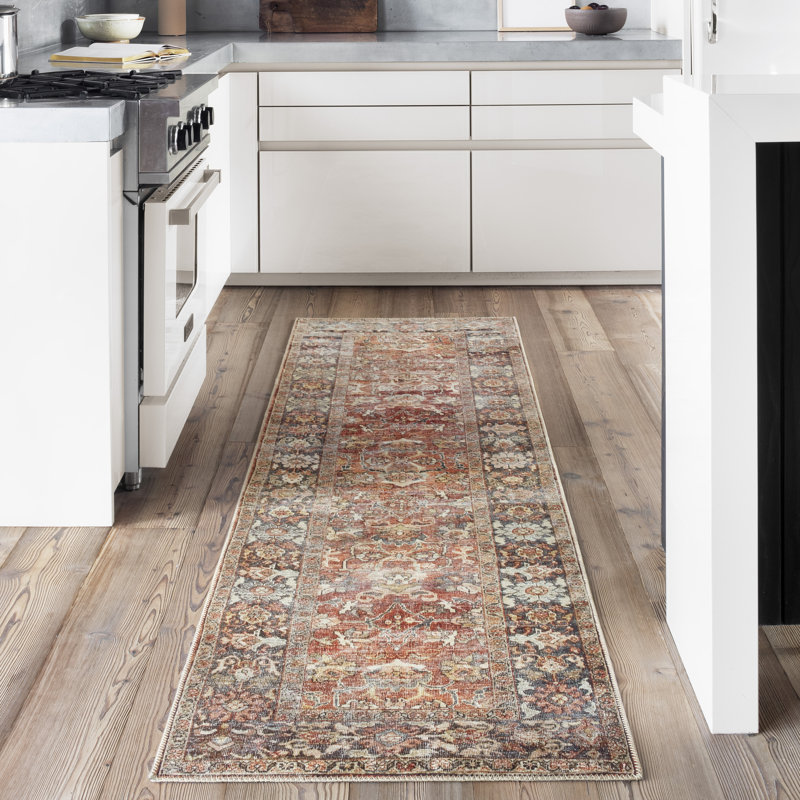 Tapis oriental épice / orange / bleu marine Portman, Tapis de couloir 2 pi 6 po x 7 pi 6 po