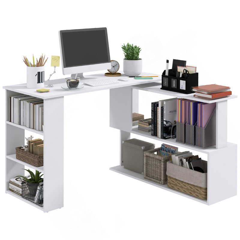 L Shaped Corner Desk, 360 Degree Rotating Home Office Desk With Storage Shelves, Writing Table Workstation, White, White