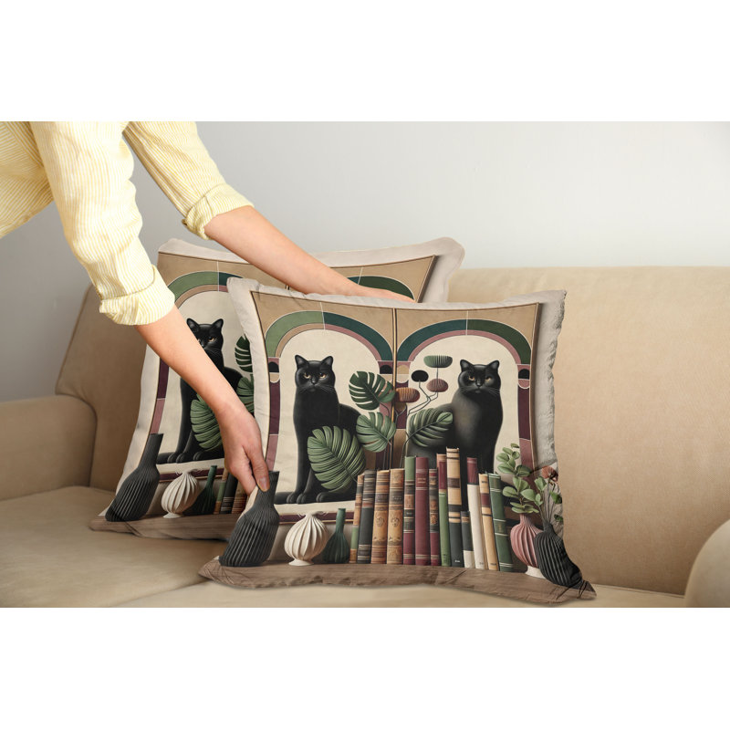 Sand Brown Maroon Green Cat Print Reversible Microfiber Throw Pillow Covers, Set of 2