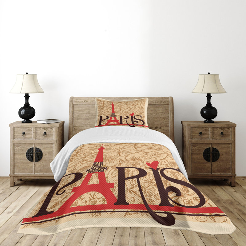 Paris Eiffel Tower Twin Quilted Bedspread Set in Beige and Red