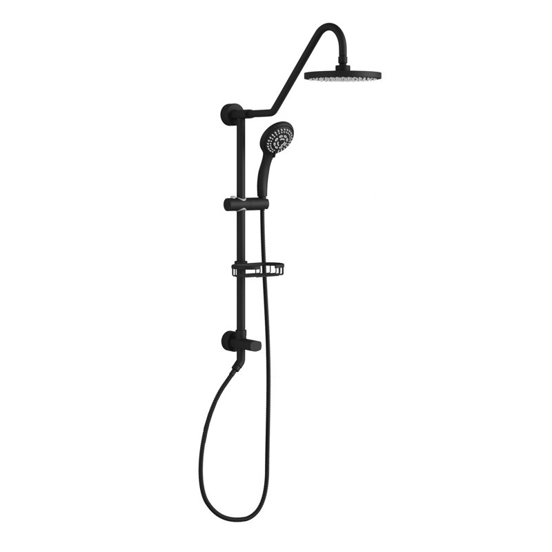 Kauai III 8-in Rain Showerhead Shower System with Slide Bar and Integrated Soap Dish 1.8 GPM, Matte Black