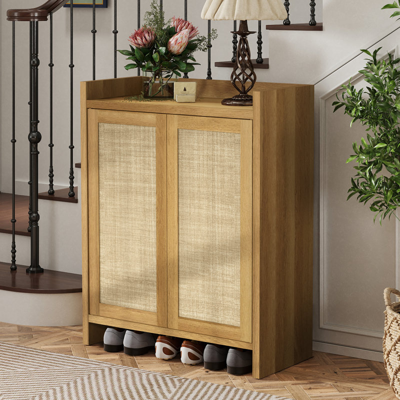 Boho Shoe Storage Cabinet For Entryway - Farmhouse Wooden Shoe Organizer For Front Door Entrance Hallway, Zapatero Organizador Rattan Shoes Cabinet With 2 Doors, Freestanding Shoe Cabinet