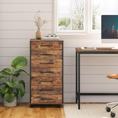 Rustic Brown & Black 7-Drawer File Cabinet - Wooden Office Storage Cabinet, Mobile Filing Drawer For Home Office/Study (Easy Assembly)