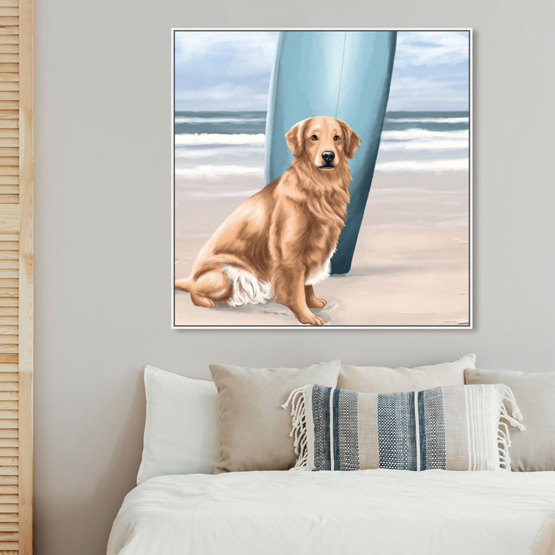 « surfer golden retriever », reproduction d’impression sur toile tendue, Cadre blanc, H 20 po x l 20 po