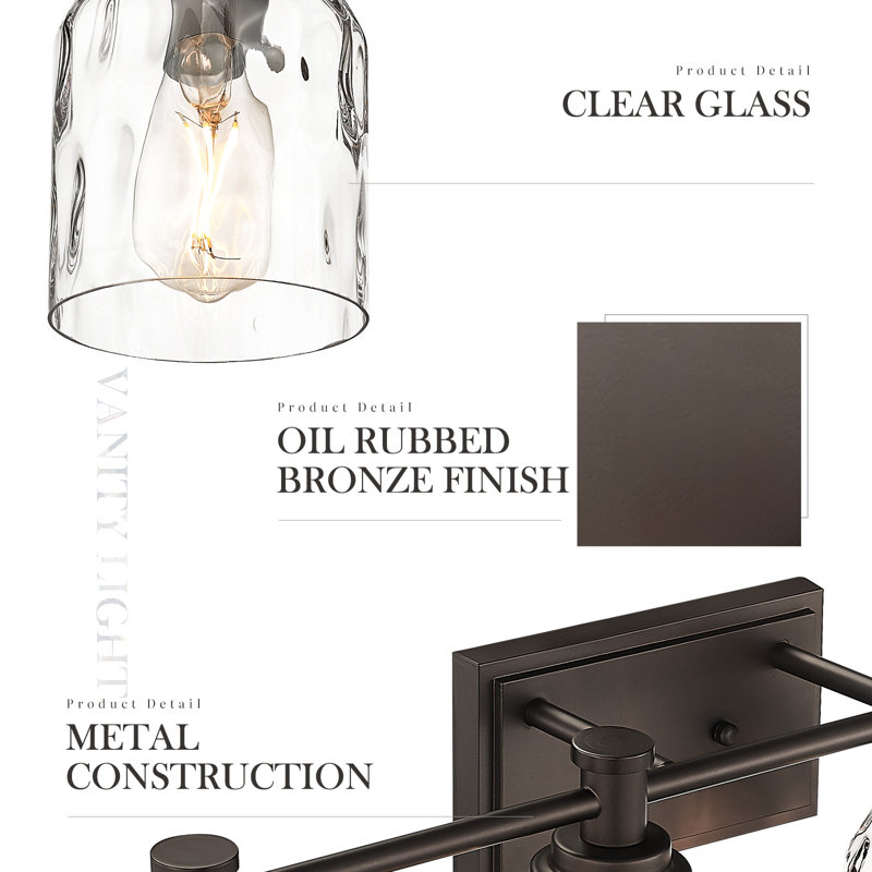 Éclairage pour salle de bain 4 lumières Farmhouse, abat-jour en verre martelé, bronze huilé, Quatre lumières