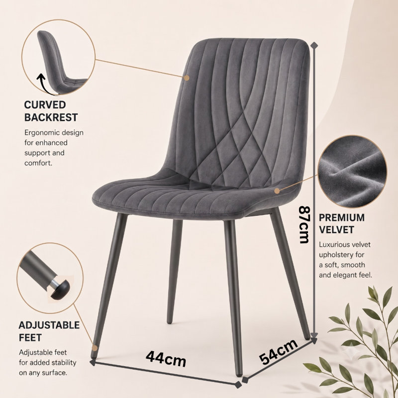 Modern Dark Grey Velvet Dining Chairs Set Diamond Ribbed Kitchen Dining Chairs Set of 6