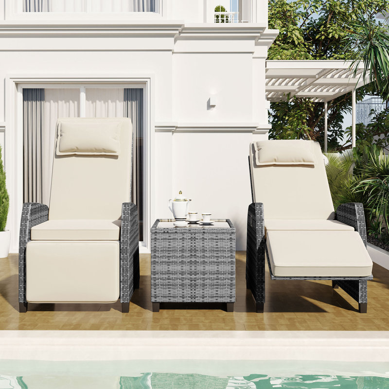 Outdoor Rattan Two-Person Combination With Coffee Table, Adjustable, Suitable For Courtyard, Swimming Pool, Balcony, Beige