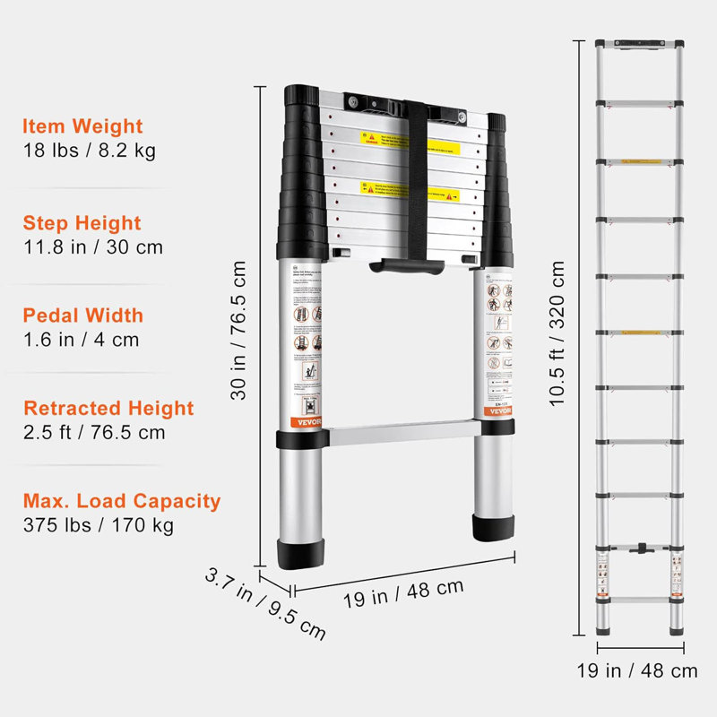 Telescoping Ladder, 10.5 FT Aluminum One-Button Retraction Collapsible Extension Ladder, 375 LBS Capacity With Non-Slip Feet, Portable Multi-Purpose Compact Ladder For Home