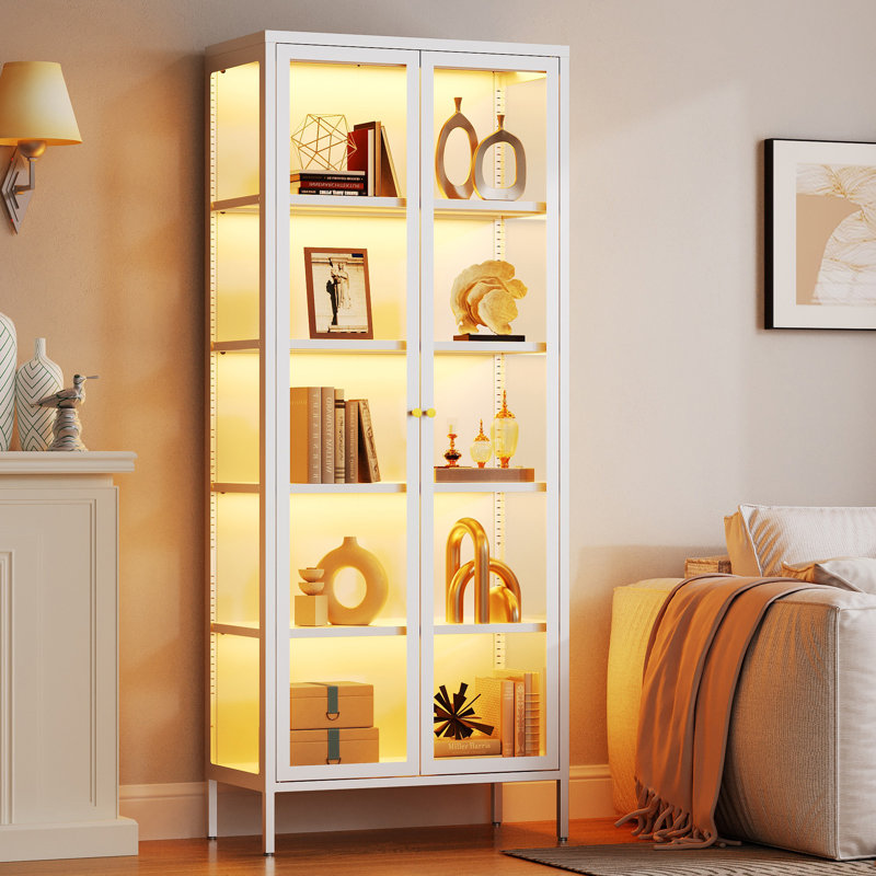 Armoire de salle à manger à 5 côtés en verre à 5 niveaux avec lumières, présentoir en métal, Blanc
