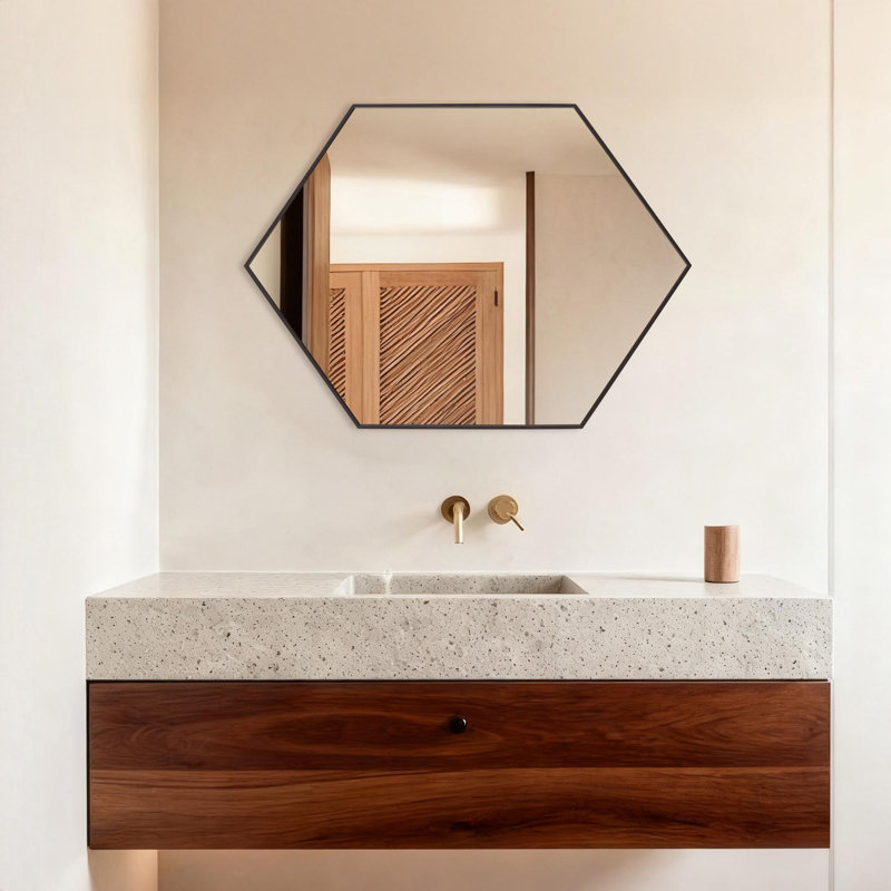 Modern Metal Framed Hexagon Wall Mirror, Matte Black, 34" x 24"