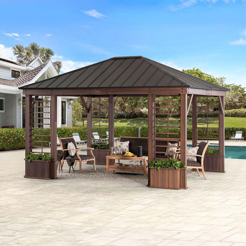 Sunjoy Wilmington 15 Ft. W x 13 Ft. D Steel Patio Gazebo, Hardtop Gazebo Aluminum Frame Gazebo with Planters, Outdoor, Garden, Water Resistant