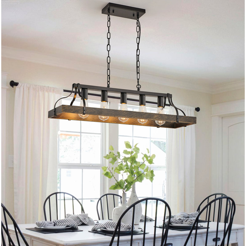 Lustre de cuisine de style industriel avec cadre linéaire à 5 lumières à hauteur réglable noir mat et doré