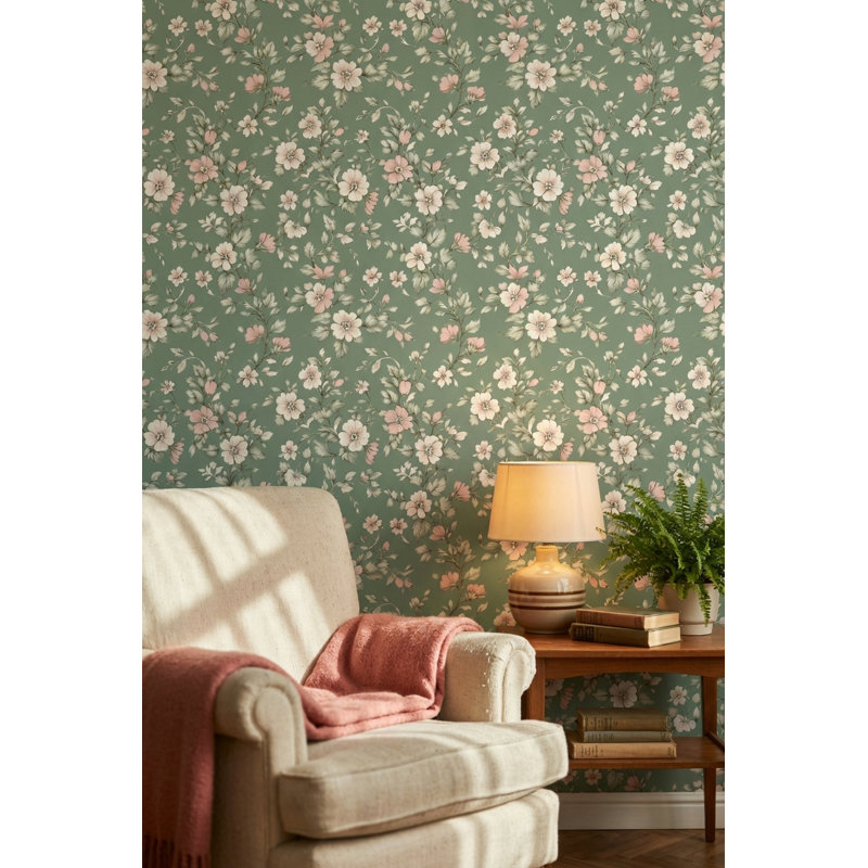 Papier peint floral rétro vert