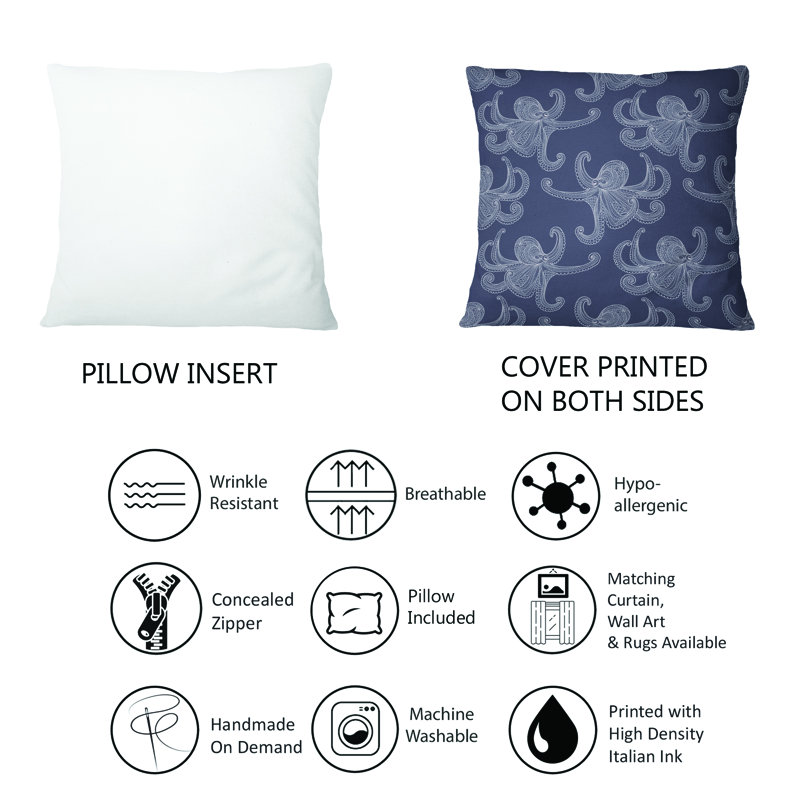 Coussin décoratif imprimé à motif de pieuvre blanche sur fond bleu foncé