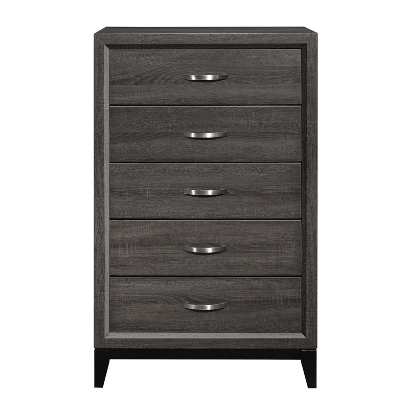 Contemporary Design Gray Finish 1Pc Chest Of Dovetail Drawers Polished Chrome Bar Pulls Bedroom Furniture