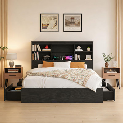 Structure de lit avec tête de lit, 4 tiroirs et station de charge pour la chambre à coucher