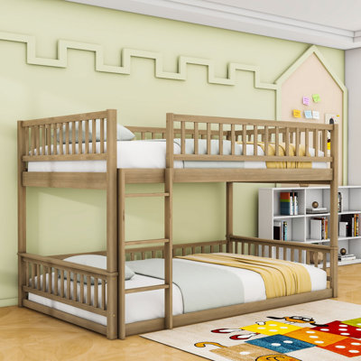Queen Over Queen Wooden Bunk Bed With Slats And Guardrails