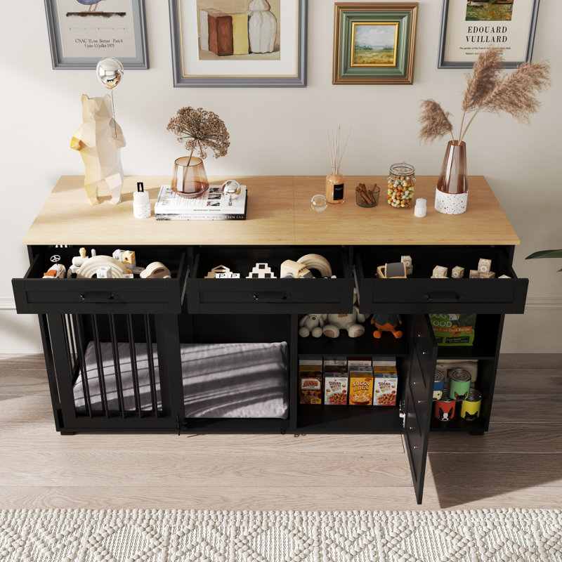 3 Drawer Two Compartment Dog Crate, Black