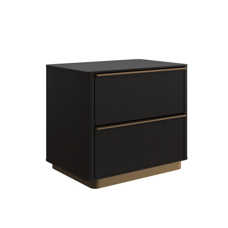Black and Gold Oak Veneer Nightstand with Steel Base