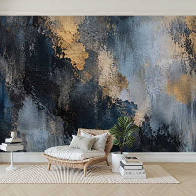 Wall Mural Peel and Stick Wallpaper Abstract Dark Blue Gold Metallic Highlights Self-Adhesive Removable Contact Paper Wall Decor for Living Room Bedroom 100"H x 144"W