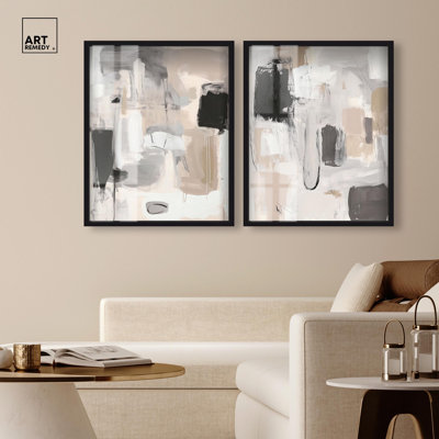 Contemplative Minimal Abstract Duo Shadowbox Print Boho Wall Decor par Art Remedy, cadre noir, 24 x 30