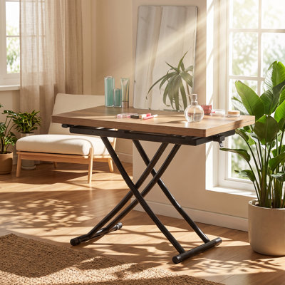 Table basse moderne et minimaliste en MDF, hauteur réglable, plateau relevable, dimensions : 110 cm (L) x 100 cm (P) x 74 cm (H).