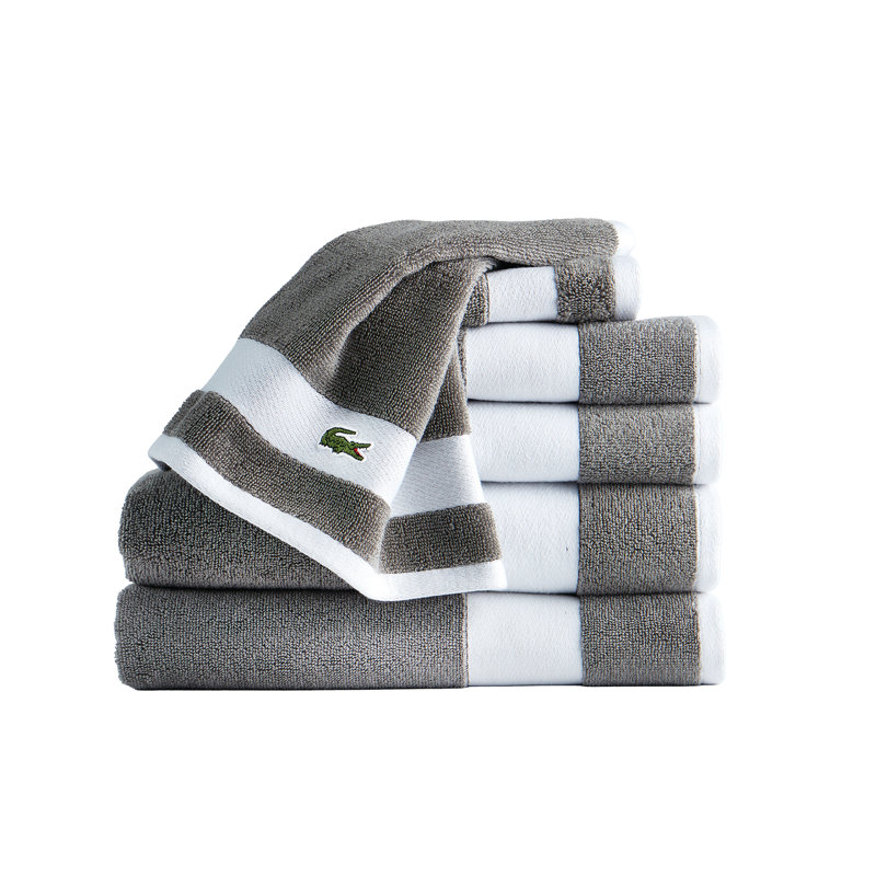 Lacoste Sports Stripe 6-Piece Towel Set, 100% Supima Cotton, Soft Absorbent Quick-Dry Towels, 2 Bath Towels, 2 Hand Towels, 2 Washcloths, Meteorite