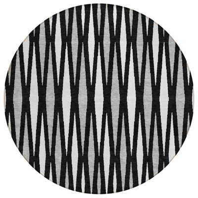 8' Black Ivory And Gray Round Geometric Washable Indoor Outdoor Area Rug