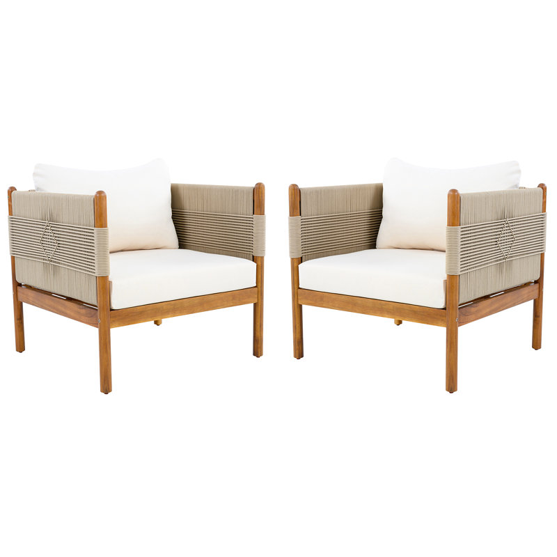 Ensemble de 2 fauteuils club d'extérieur avec corde beige à motif de losanges, finition teck
