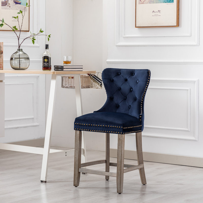 Tabouret de bar et de comptoir Kirsten, Tabouret de comptoir (siège d’une hauteur de 24, Bleu marine / cadre gris antique