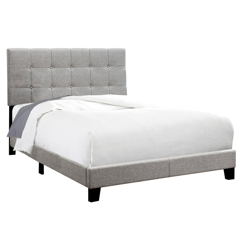 Lit double rembourré en lin gris pour une sensation de chambre à coucher luxueuse avec tête de lit et structure fiable