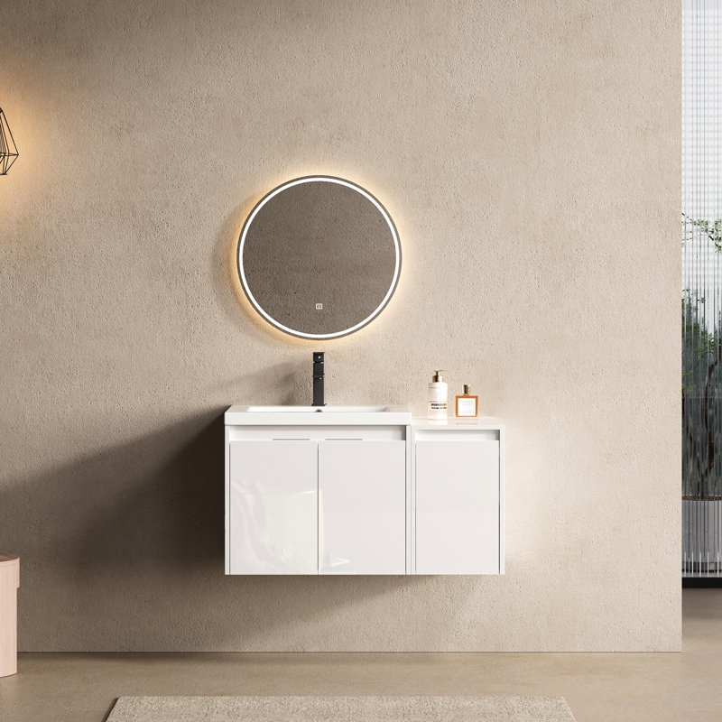 Meuble-lavabo en résine 36 po, 2 portes à fermeture douce, 1 armoire latérale, montage sur flotteur, contreplaqué blanc brillant, polyvalent pour une utilisation confortable
