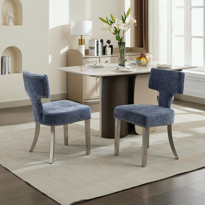 Dining Chairs Set of 2 with nails decoration and metal legs, Blue, Silver