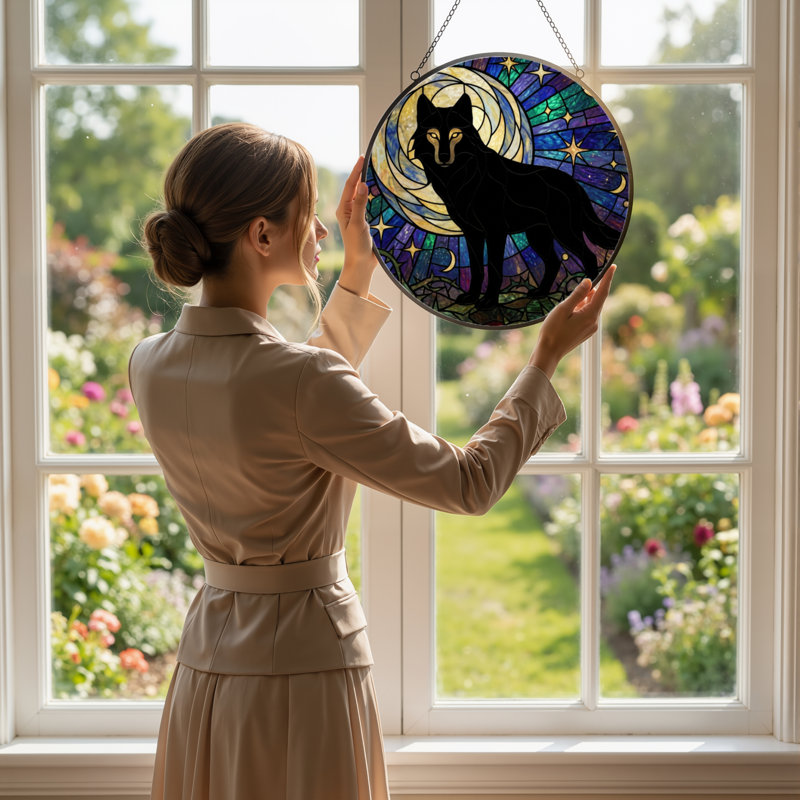 Panneau de vitrail 12 "H Wolf Moon, H 12 po x l 12 po 