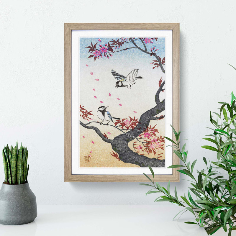 Two Great Tits on Blossom Tree by Ohara Koson - Framed Print, 48cm H x 36cm W x 2cm D, Oak Framed