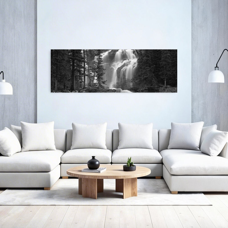 Chute d'eau dans une forêt, Banff, Alberta, Canada, art contemporain de paysage forestier abstrait, H 20 po x l 60 po