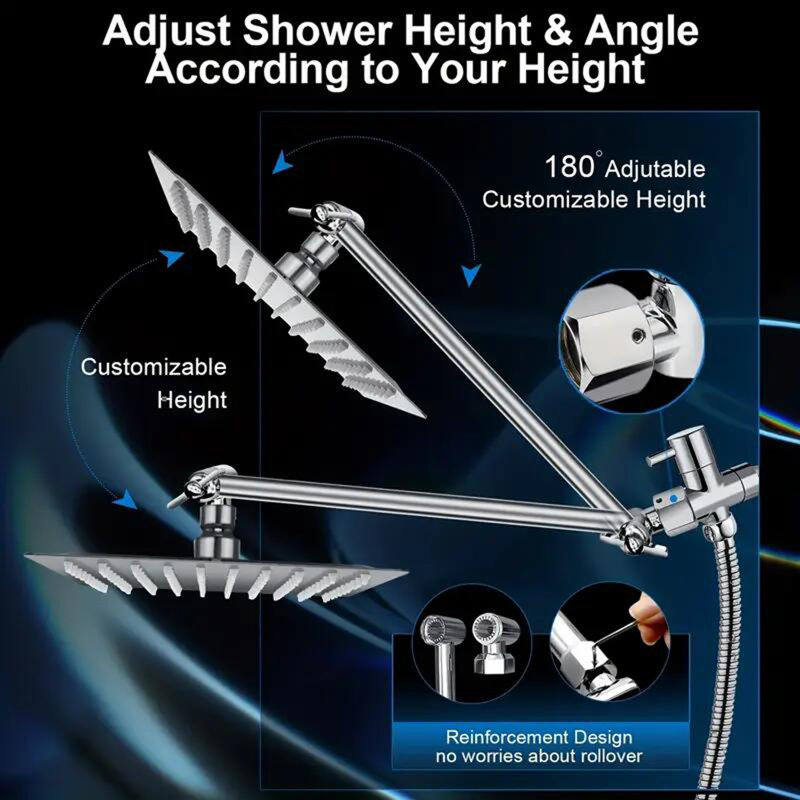 Chrome Shower Head Combo12 Inch High Pressure Rain Shower Head with 11 in Adjustable Extension Arm and 3 Settings Handheld