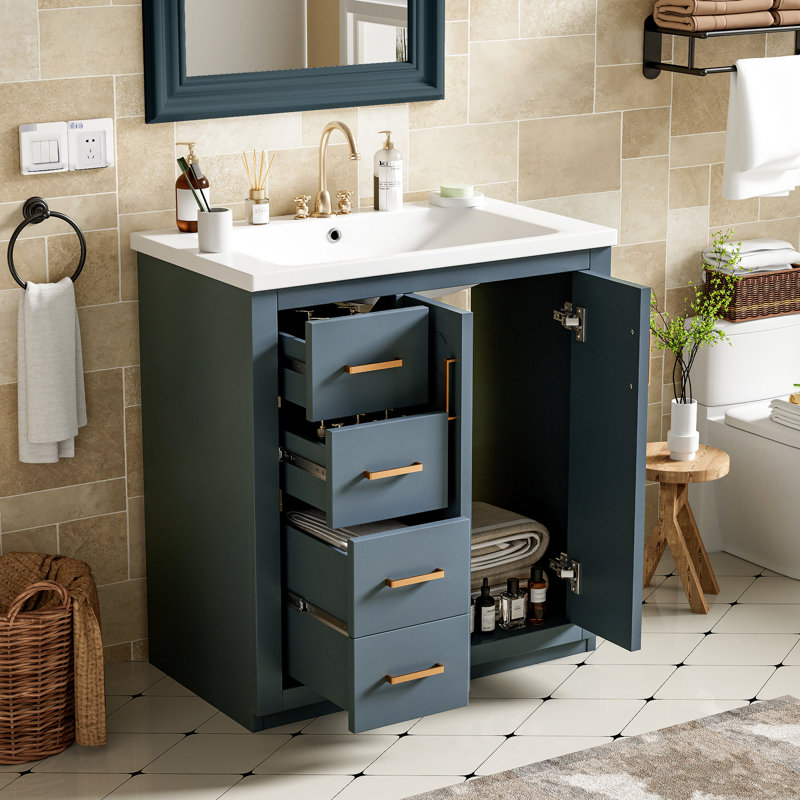 Meuble-lavabo 30 po avec lavabo en céramique - Bois massif bleu et 3 tiroirs pour le rangement des articles de toilette