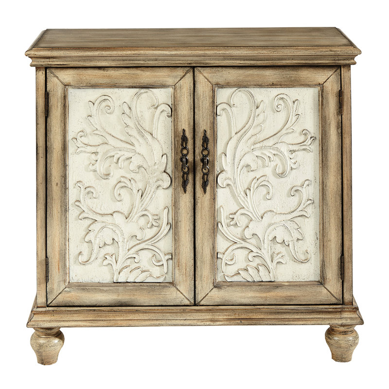 Commode 2 portes, panneaux de porte floraux, bois naturel, tablette réglable, pieds en oignon, assemblage requis avec armoire à outils incluse, 2 portes, design, finition bois,