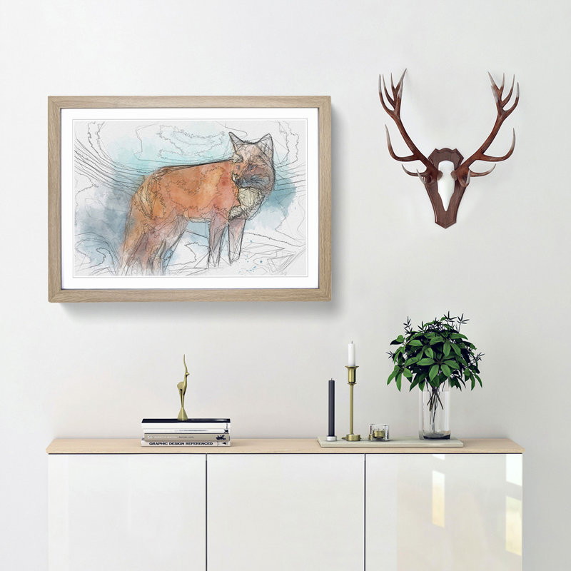 The Red Fox in Abstract - Picture Frame Graphic Art Print, 27cm H x 36cm W x 2cm D, Oak Framed